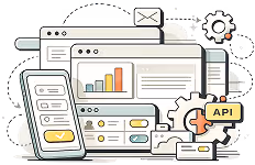 Digital illustration of a computer interface with charts, settings gears, a mobile phone with a checklist, and an API label.