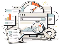 Illustration of a computer screen with a speedometer gauge, documents, and a magnifying glass highlighting a chart, symbolizing data analysis and optimization.