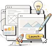 Illustration of web design elements with computer windows, a pencil, a rocket icon, and a launch button with a cursor.