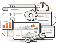 Illustration of multiple digital analytics dashboards with charts, graphs, a gear icon, a clock, and a wrench symbolizing data analysis and optimization.
