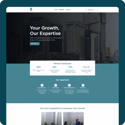 Website homepage for SeedRock Consulting showing market challenges statistics and approach icons against a cityscape background.